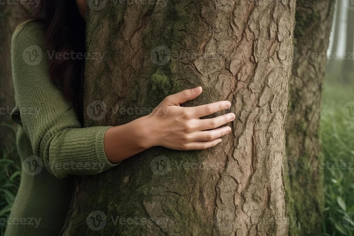 AI Generative Closeup woman hands hugging tree trunk photo