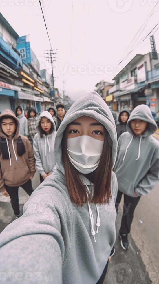 AI Generative Community of multiracial people covered by facemasks looking at camera outdoors  New normal lifestyle concept with young friends walking on city street  Focus on middle girl photo