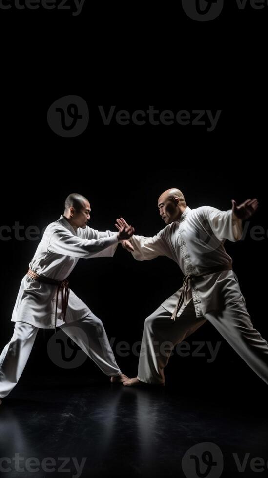 AI Generative Couple fighting in a challenge of martial arts  Kung fu random kick photo
