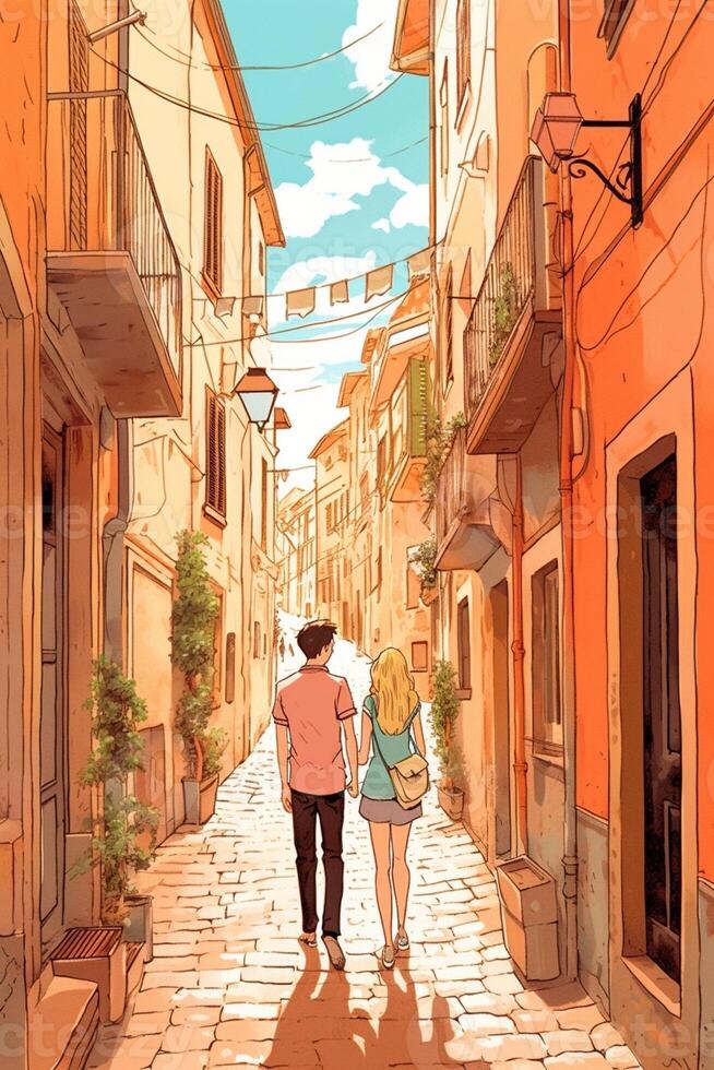 AI Generative Couple at holiday in Venice Italy Man and woman in love walking in the city of Burano in front of colorful buildings photo