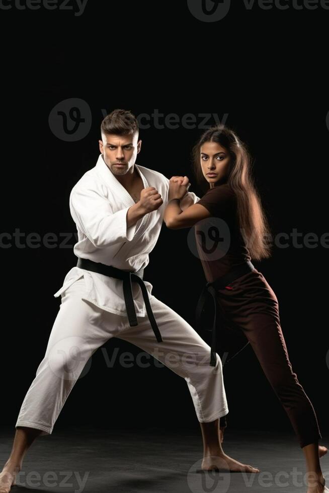 AI Generative Couple fighting in a challenge of martial arts  Kung fu random kick photo