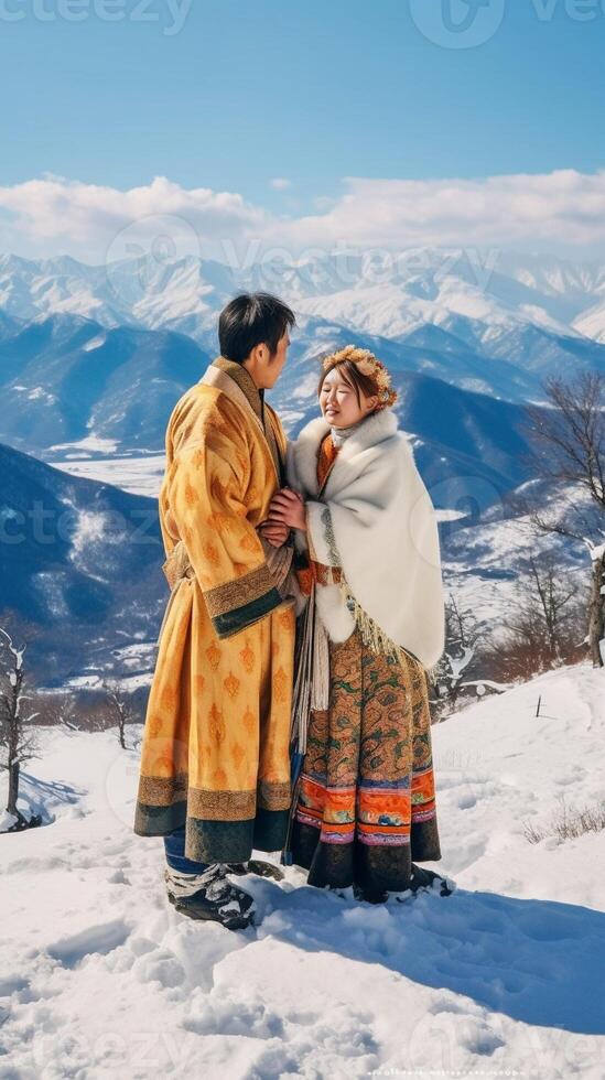 AI Generative Couple in love are kissing in front of a mountain landscape at winter Concept about love travel people and lifestyle photo