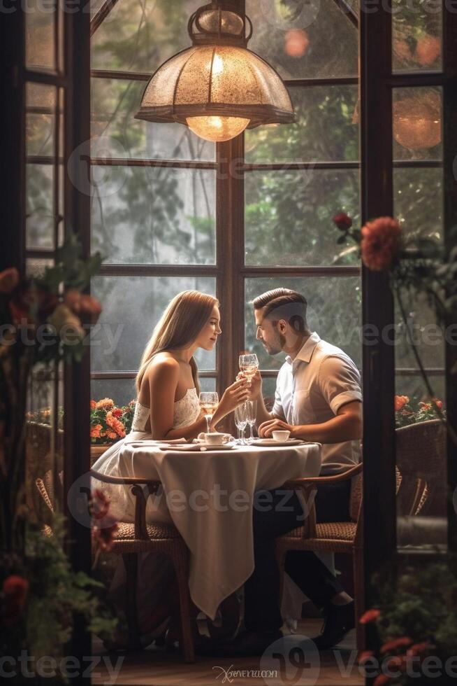 ai generativo Pareja en amor Fechado a restaurante dos caucásico amantes mano a mano a mirando dulcemente foto