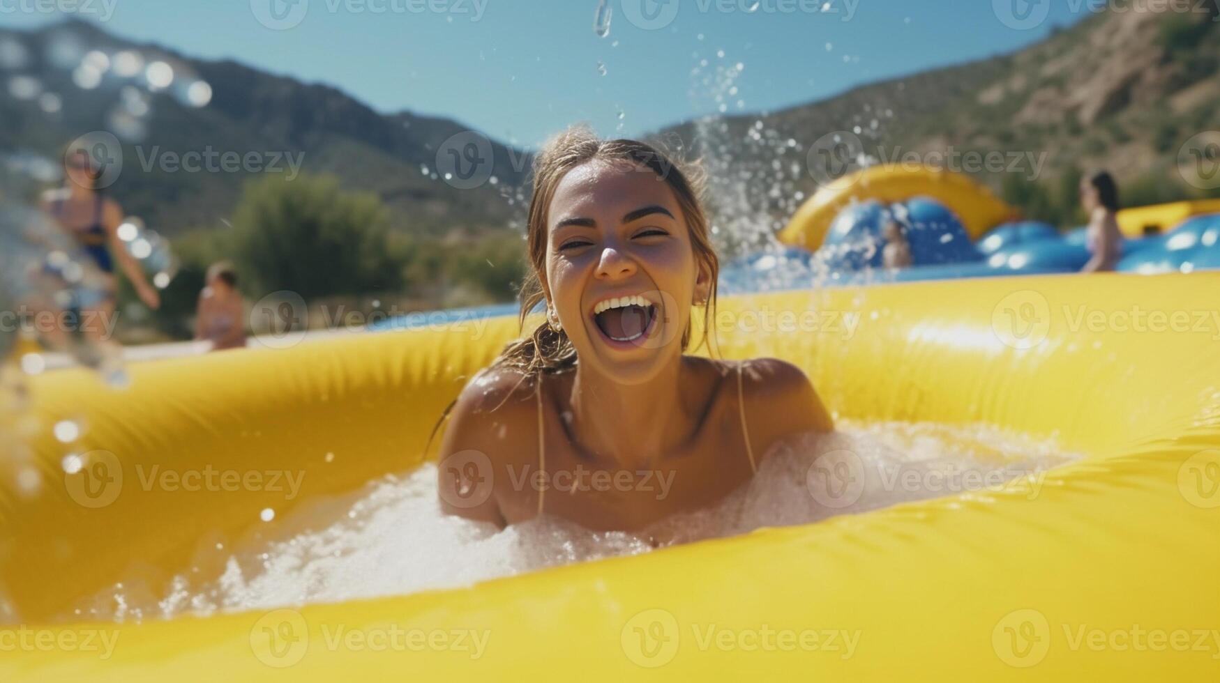 ai generativo Pareja en amor teniendo divertido a el parque acúatico a Hora de verano pov ver foto