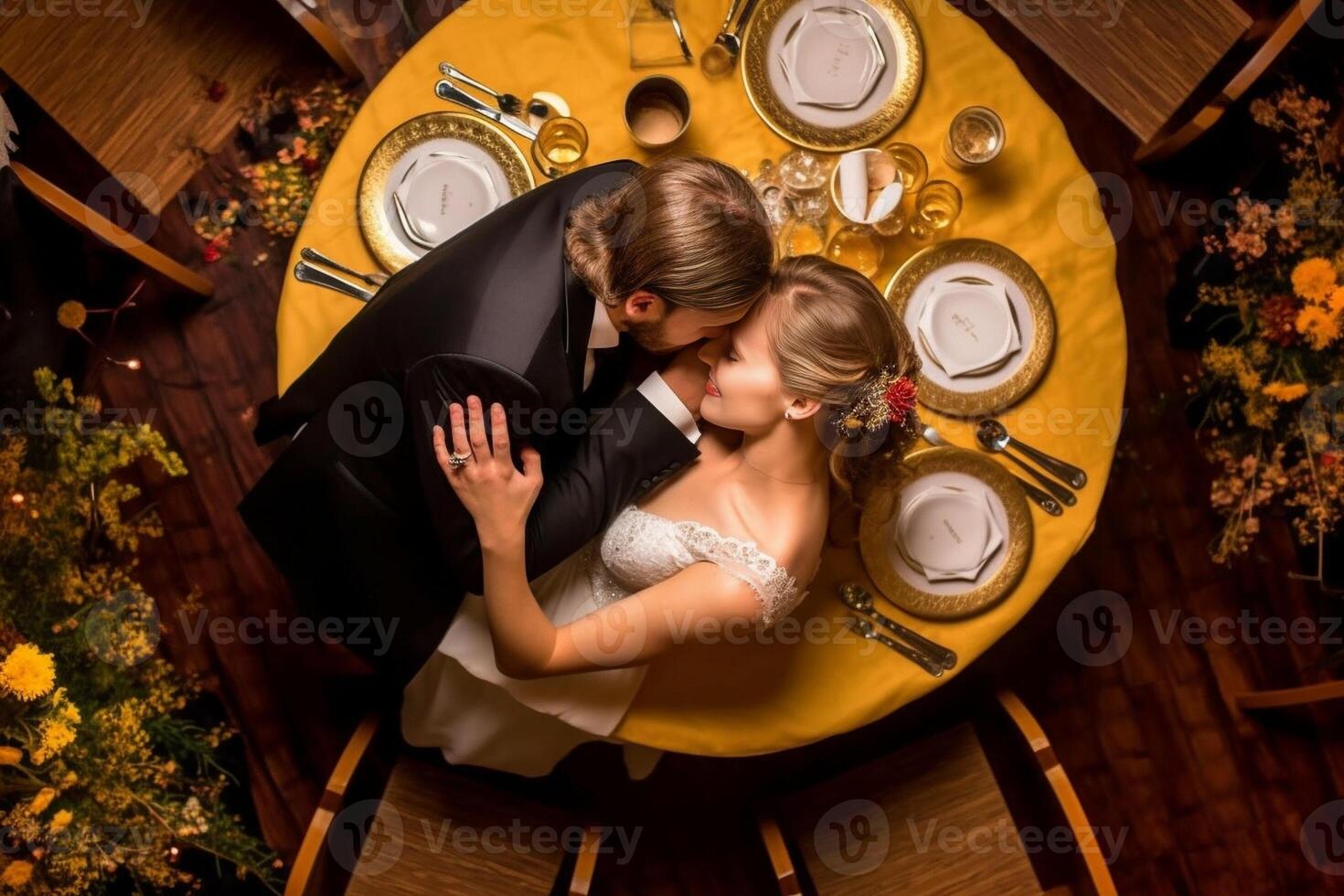 AI Generative Couple in love having a elegant and romantic dinner at restaurant San Valentines date view from above photo