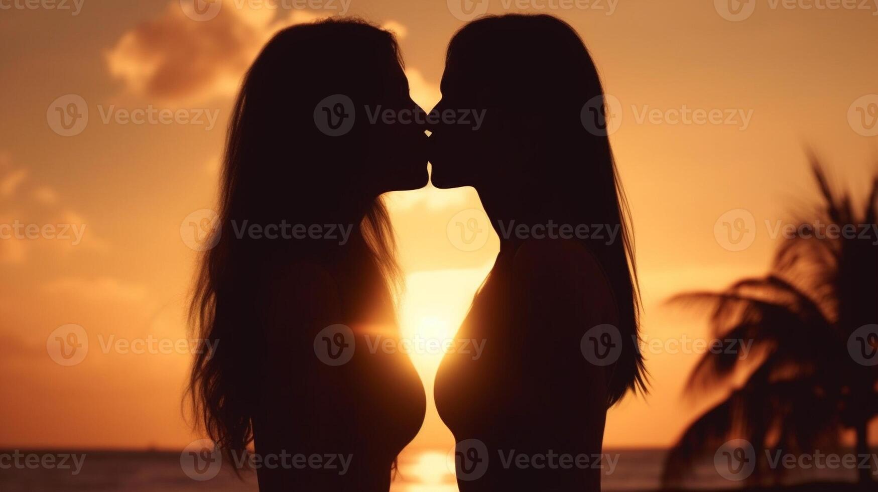 AI Generative Couple in love kissing outdoor on a white background at sunset photo