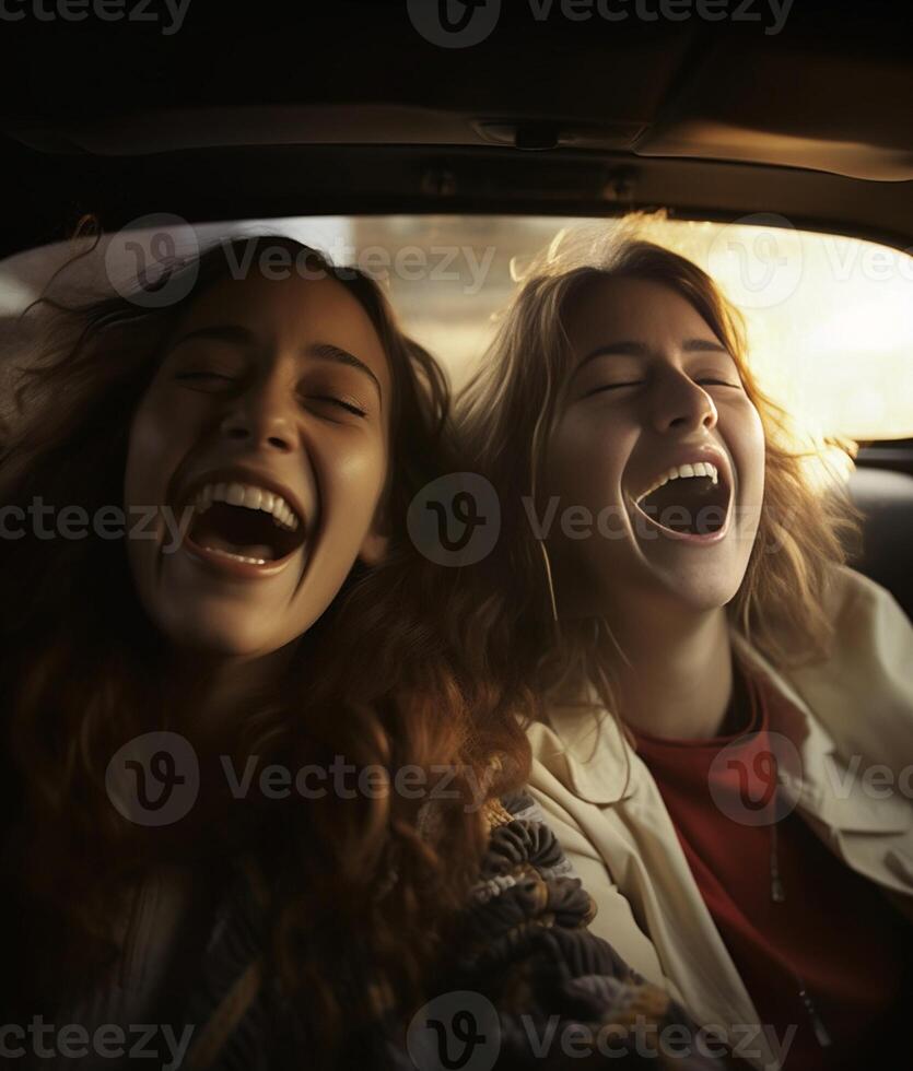 ai generativo Pareja de mejor amigos tomando un selfie a coche viaje dos joven niña teniendo divertido juntos sonriente a el cámara foto