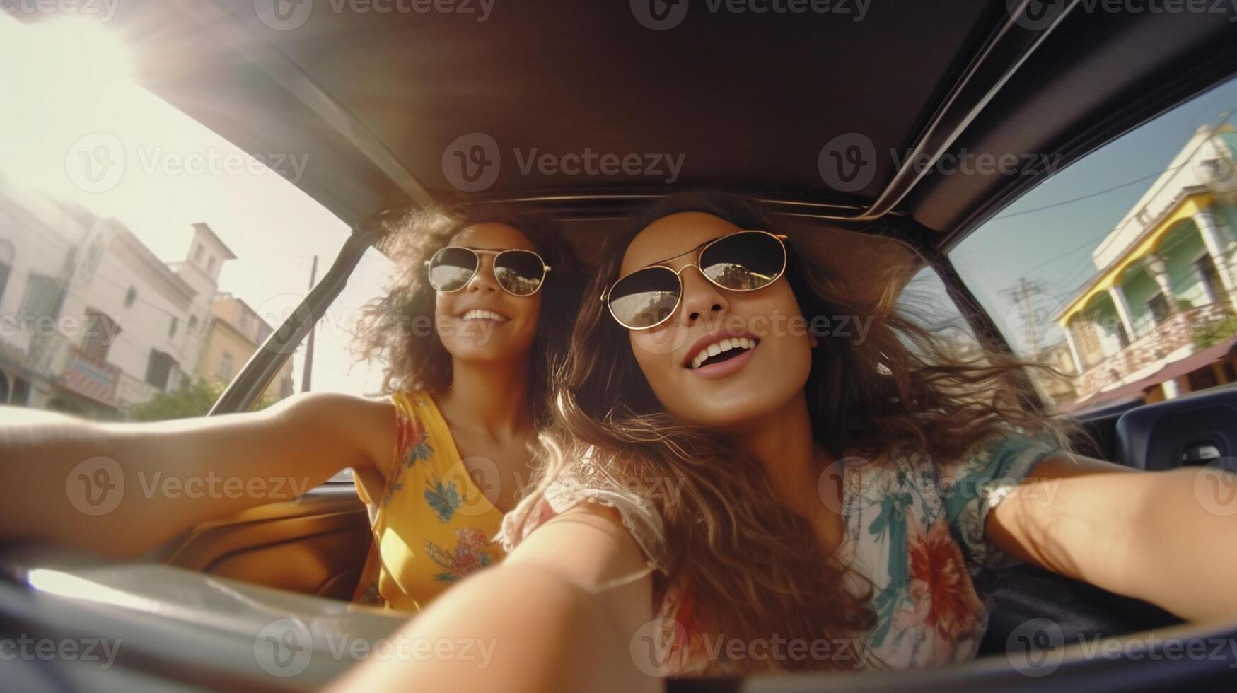 AI Generative Couple of girls having fun with the car  Two attractive caucasian girls taking a selfie while driving photo