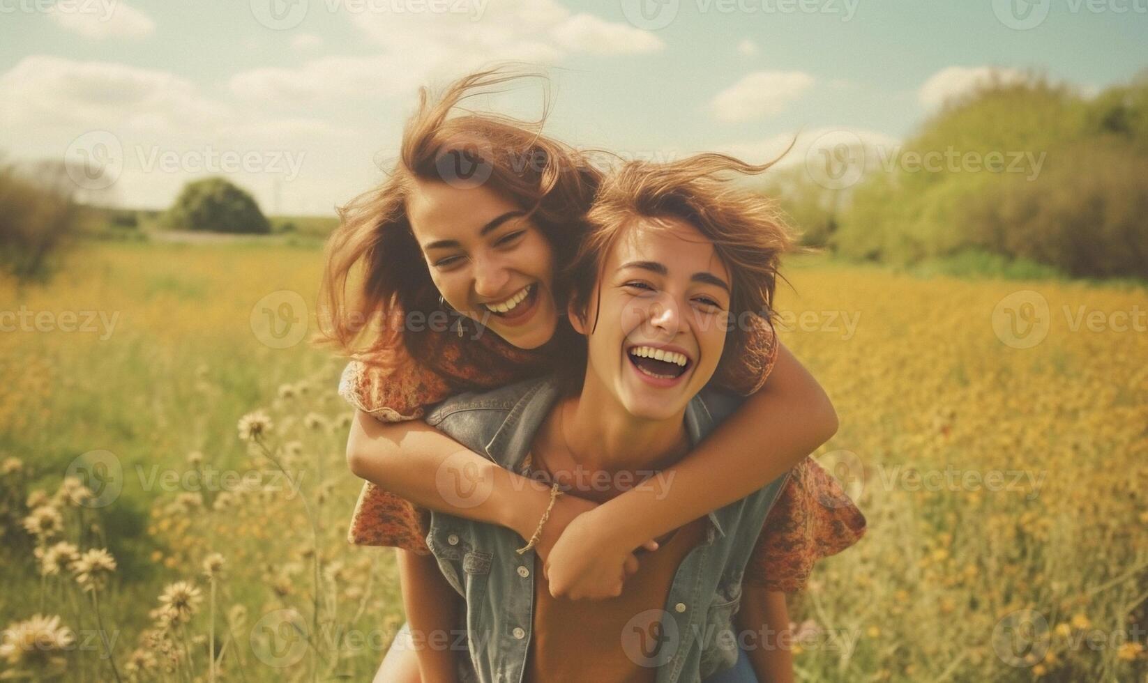 AI Generative Couple of lovers having fun doing piggyback on spring field  Romantic boyfriend and girlfriend enjoying summer time  Bright filter photo