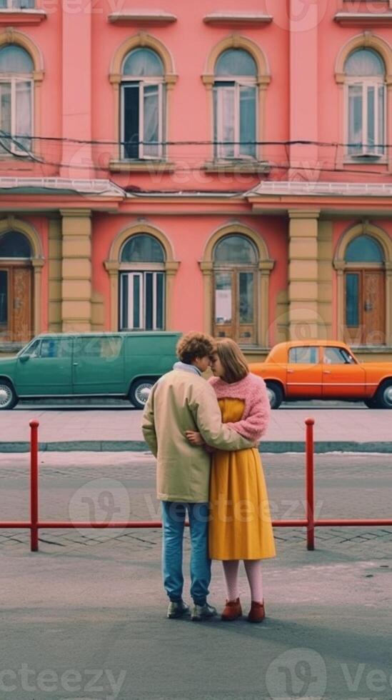 AI Generative Couple of lovers having fun on city street in front of colorful buildings  Love and travel concept photo