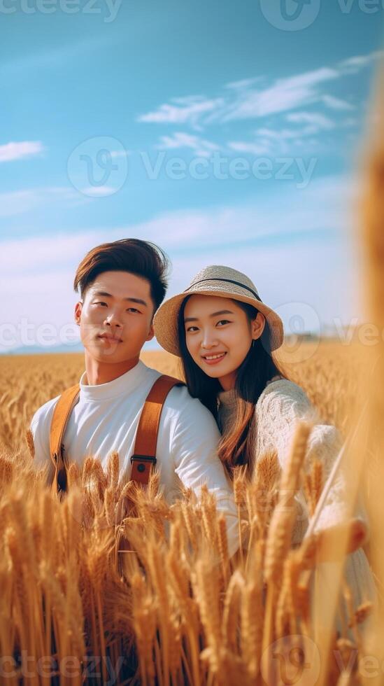 AI Generative Couple of lovers lying in a wheat field are pointing to the sky Concept about love people and nature photo