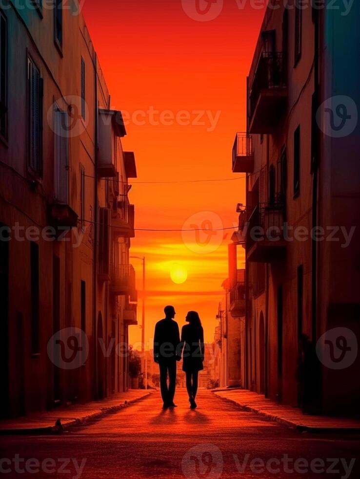 ai generativo Pareja de amantes besos en ciudad calle a puesta de sol dos turistas teniendo divertido caminando en pueblo personas amor y turismo concepto foto