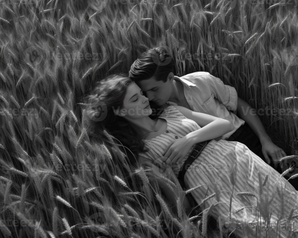 AI Generative Couple of lovers lying in a wheat field are pointing to the sky Concept about love people and nature photo