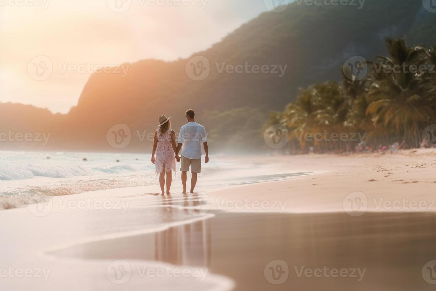 AI Generative Couple of lovers walking on the beach at honeymoon photo