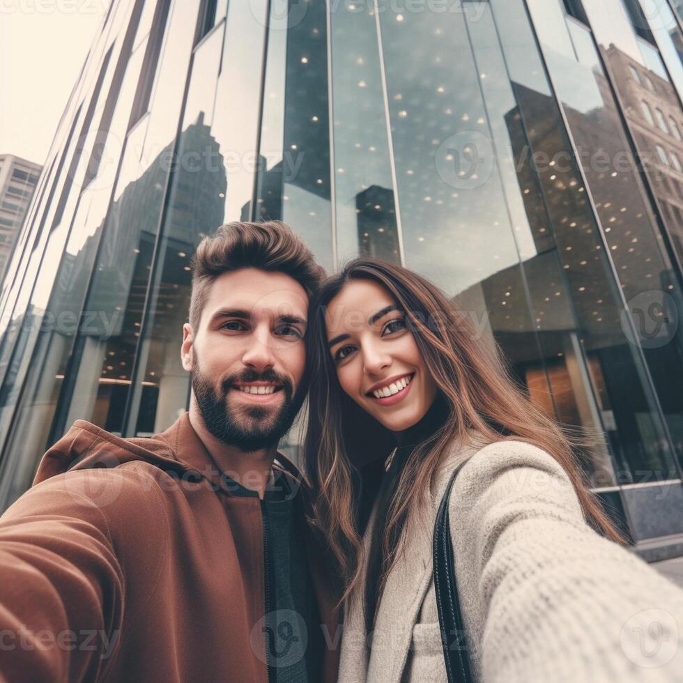 AI Generative Couple of tourist taking a selfie in the city Young people having fun togheter outdoor photo