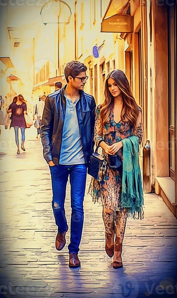 AI Generative Couple of tourists visiting Venice Italy  Boyfriend and girlfriend walking on city street at vacation  People and travel concept photo