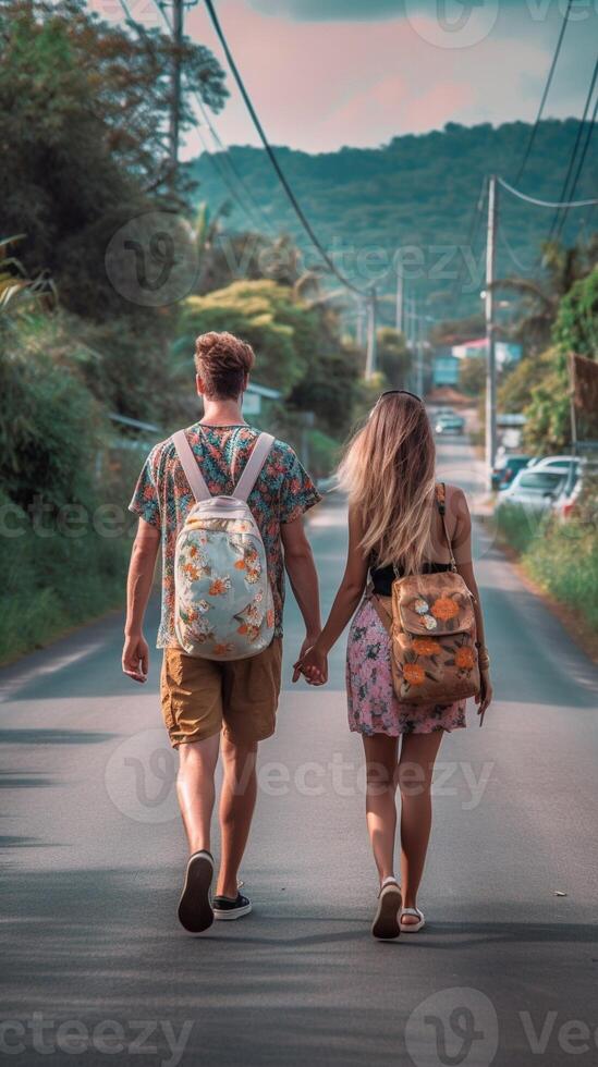 AI Generative Couple summer vacation travel Woman walking holding hand of husband following her view from behind photo