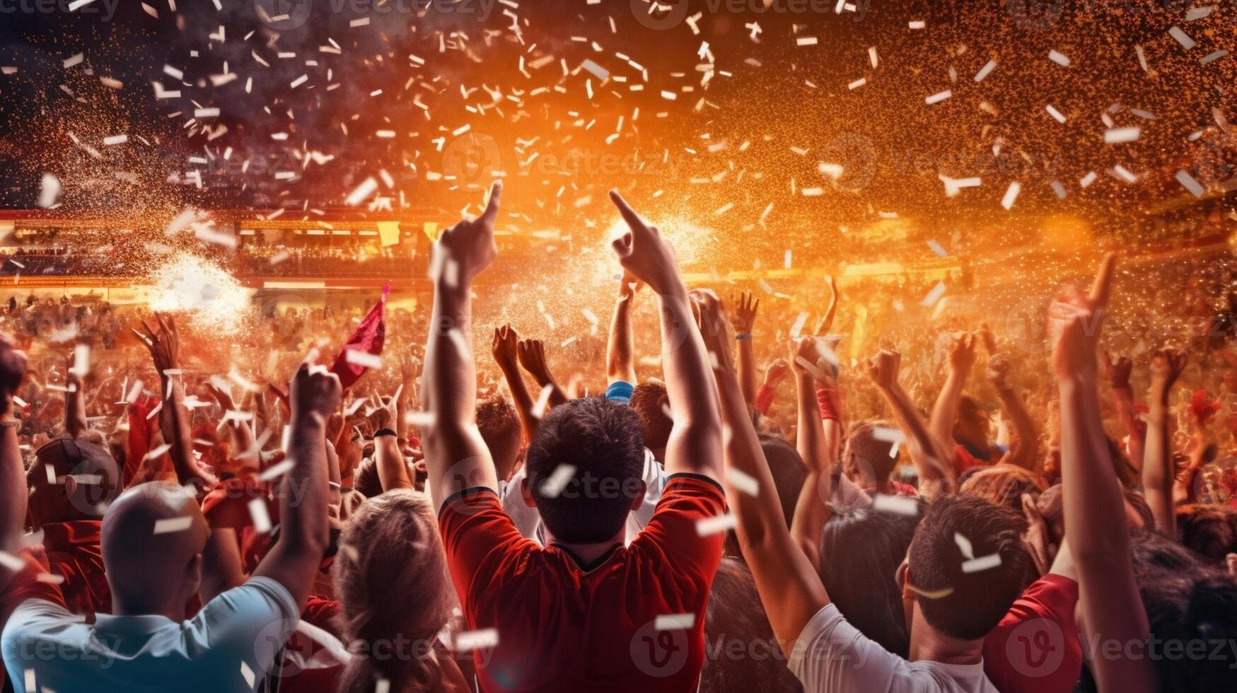 AI Generative Crowd of multiracial people celebrating success and victory throwing confetti in the air  Football fan cheering soccer team  Party new year sport event and competition concept photo