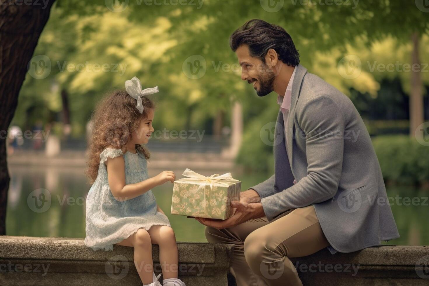 AI Generative Dad and daughter enjoying skyline of New York sitting on a bench Portrait about family love and travel photo