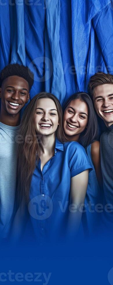 AI Generative Diverse college students standing together on a blue wall  Photo portrait of multiracial teenagers in front of university building  Life style concept with guys and girls going to