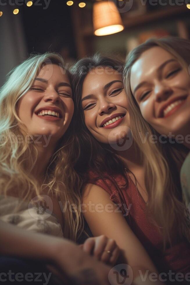 ai generativo diverso grupo de hembra amigos disfrutando fiesta y riendo juntos mujer amigos teniendo divertido a hogar sentado en el sofá contento estilo de vida y amistad concepto foto