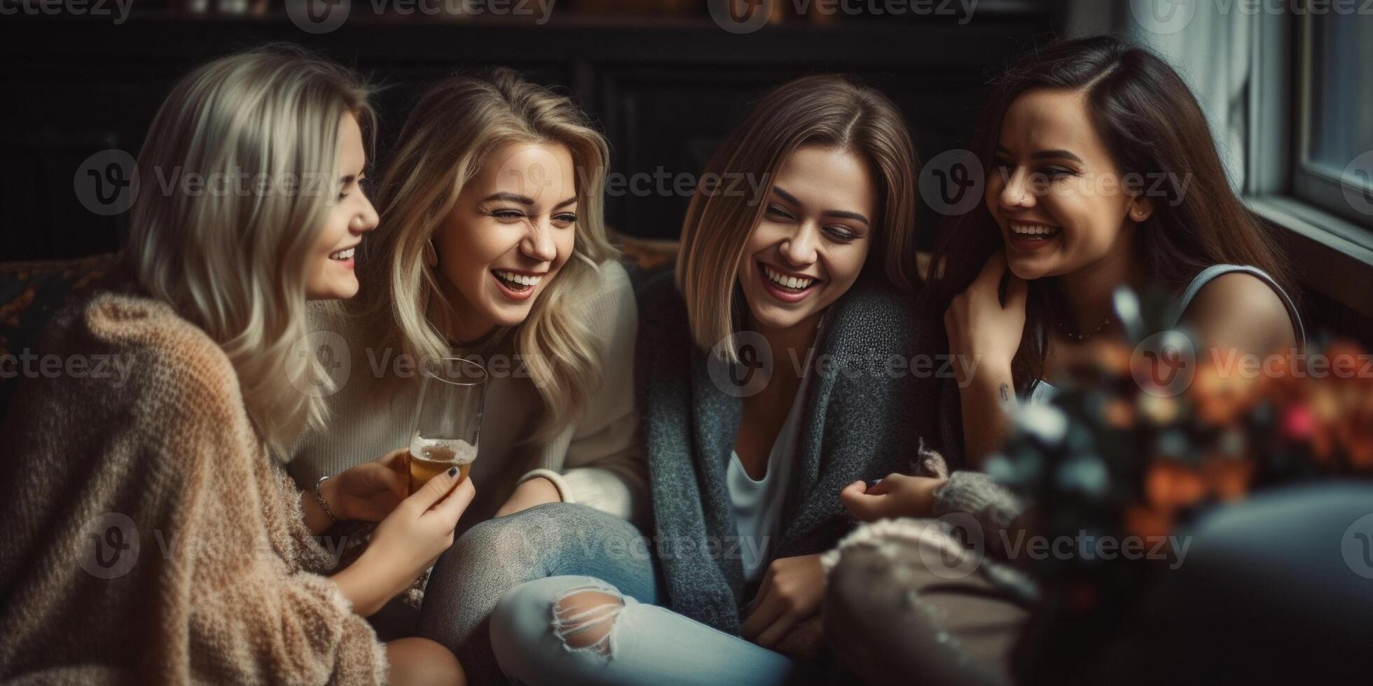 AI Generative Diverse group of female friends enjoying party and laughing together  Women friends having fun at home dancing on the couch  Happy lifestyle and friendship concept photo