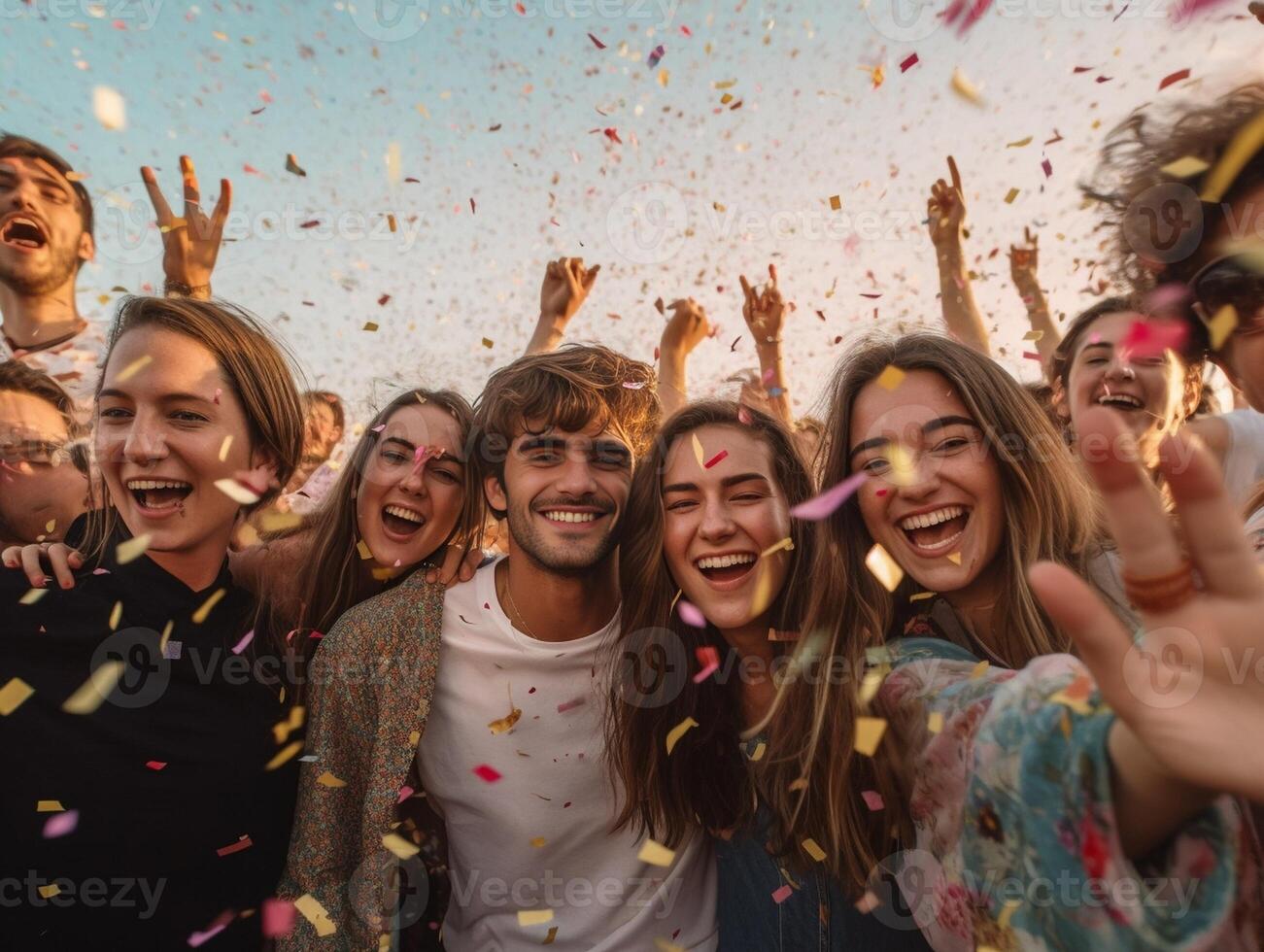 ai generativo diverso grupo de joven personas celebrando gay orgullo festival lanzamiento papel picado en el aire lgbt comunidad concepto con chicos y muchachas abrazando juntos al aire libre foto