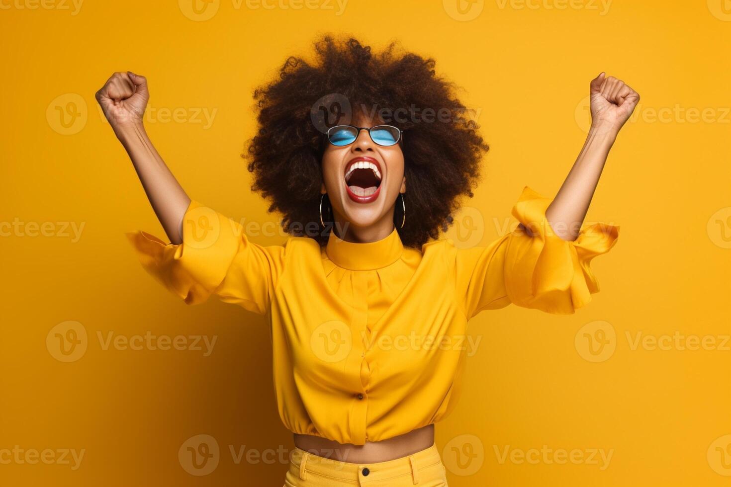 AI Generative Excited young woman yelling on a yellow background studio portrait  Happy girl announcing news aloud  Delightful adorable glad female rejoices success  Facial expression concept photo