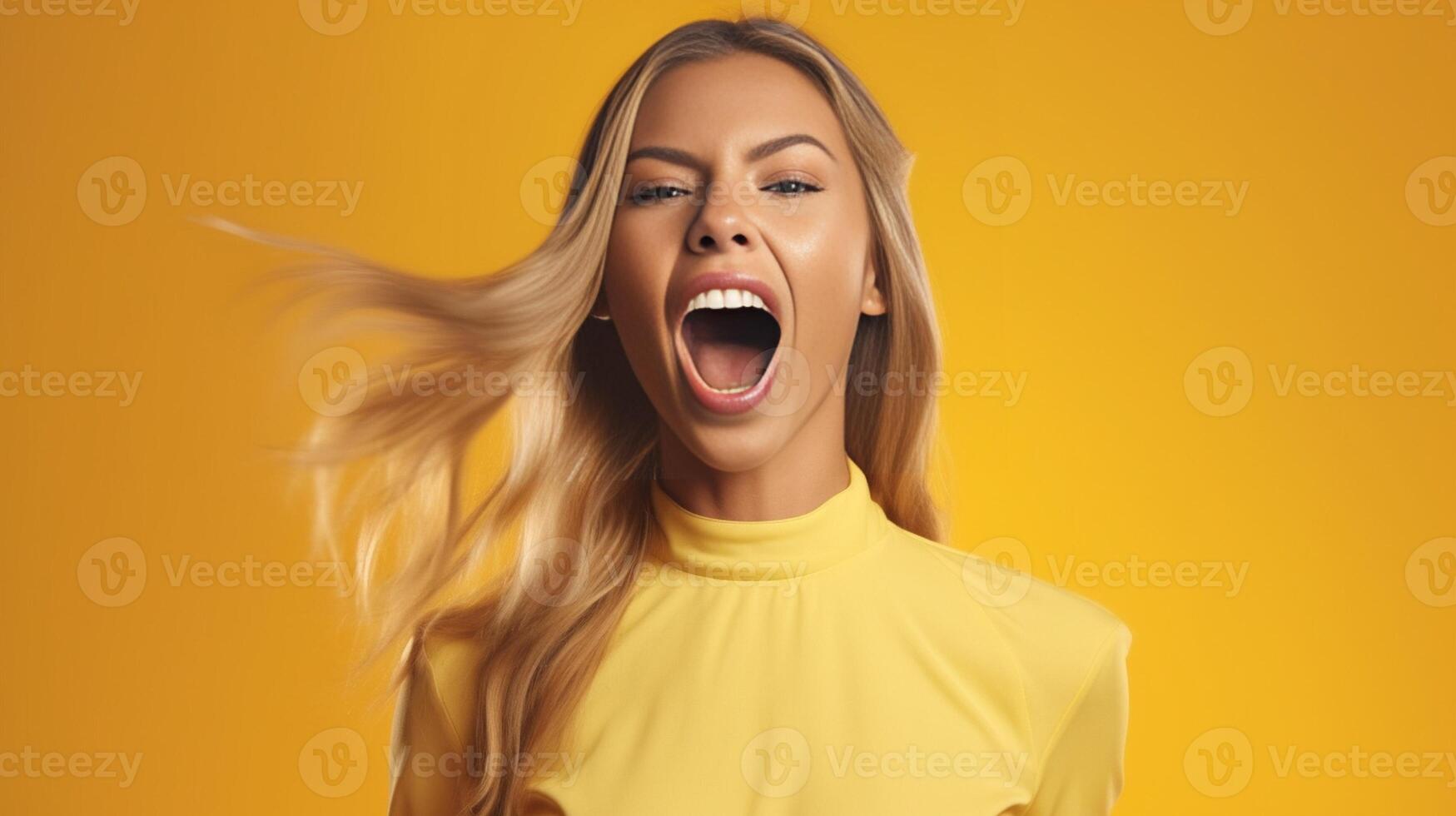 ai generativo emocionado joven mujer Gritando en un amarillo antecedentes estudio retrato contento niña anunciando Noticias en voz alta encantador adorable alegre hembra se regocija éxito facial expresión concepto foto