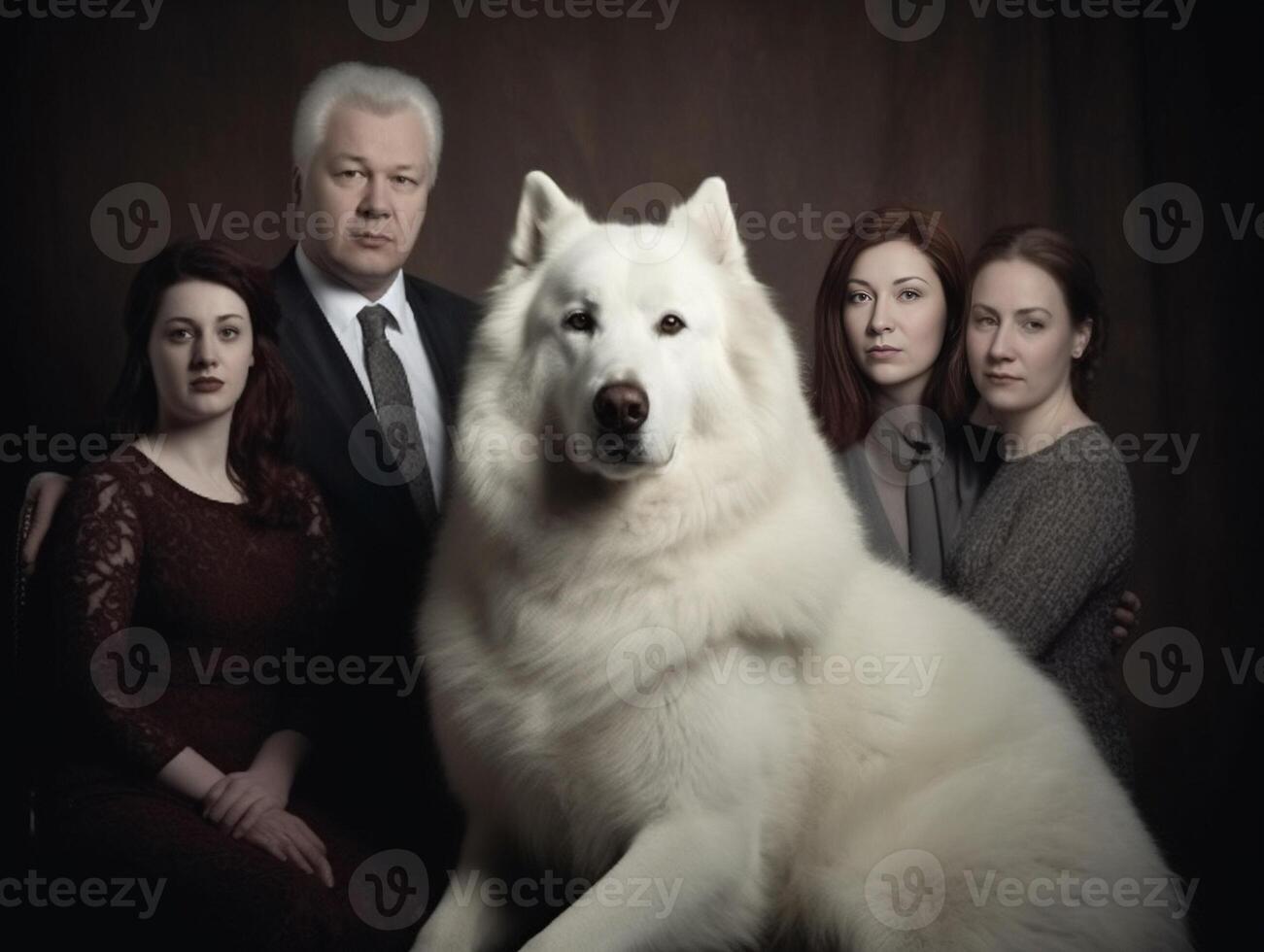 ai generativo familia arruinado infeliz perro es mirando a el cámara mientras su propietarios discutir terminado dinero cuestiones foto