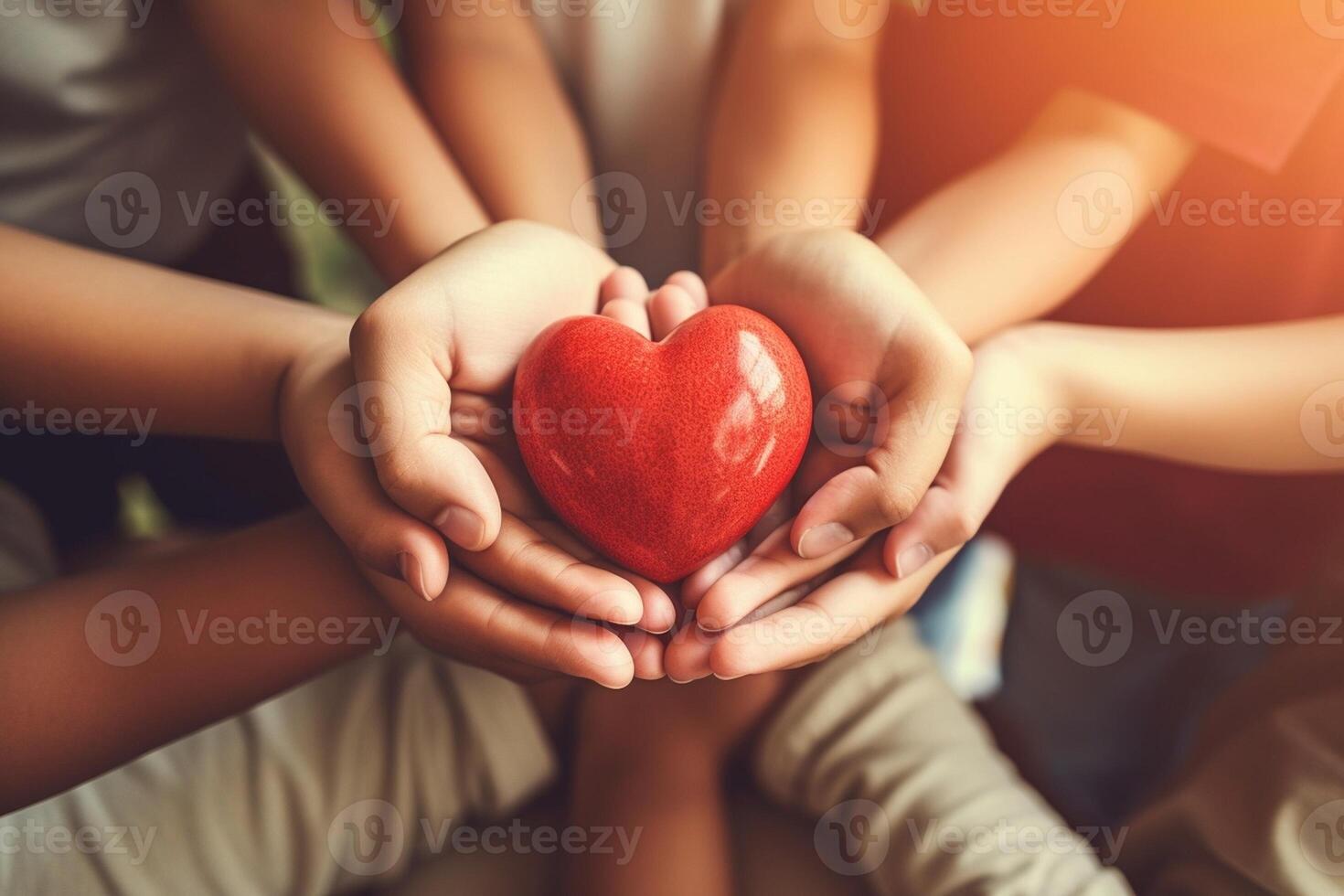 AI Generative Family holding hands on a hill at sunset  Insurance organ donation world heart day happy volunteer charity and responsibility concept photo