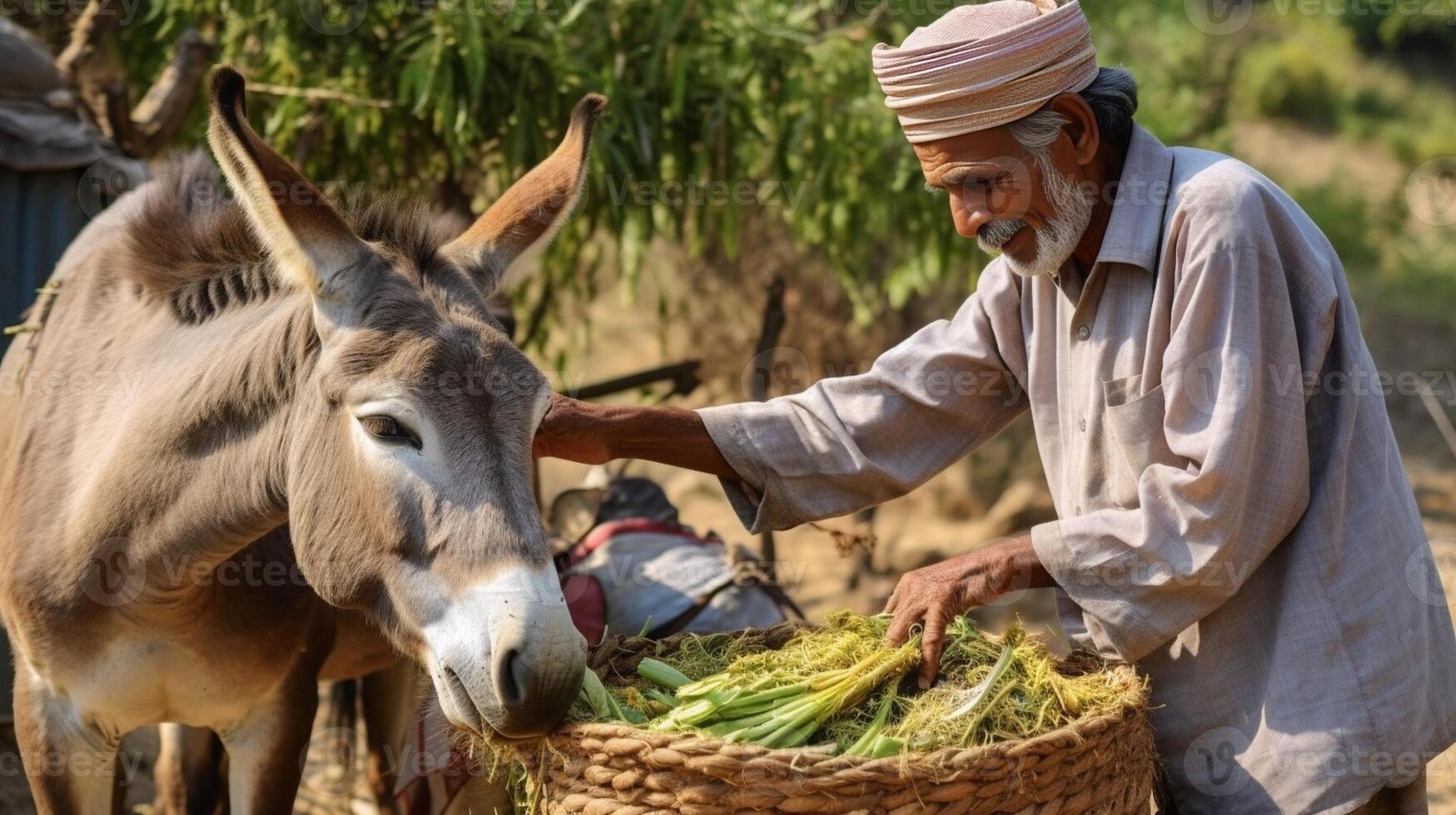 AI Generative Farmer feeding donkeys in the countryside photo