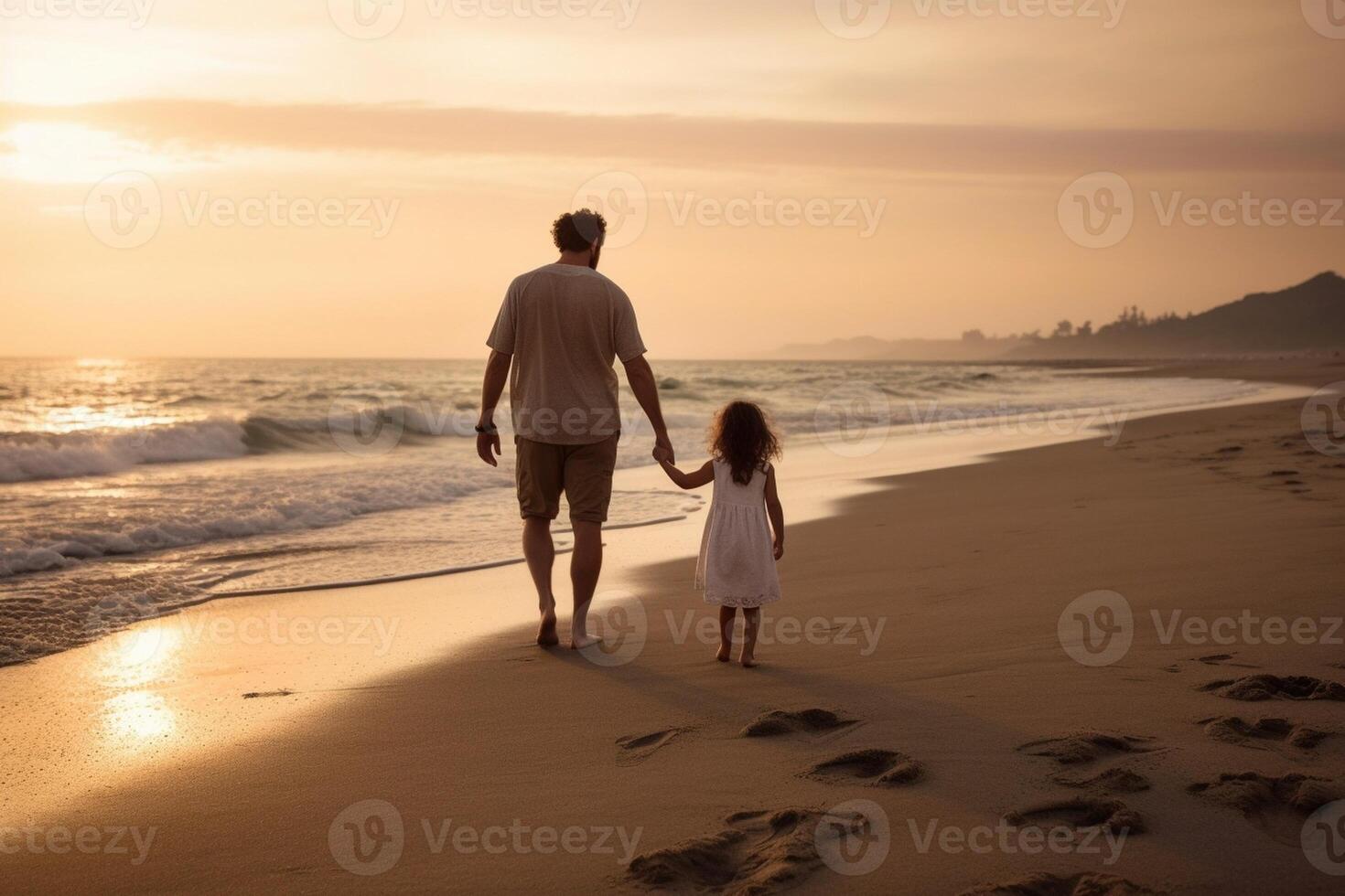 AI Generative Father and daughter holding hands at the beach I love you Dad Family concept photo