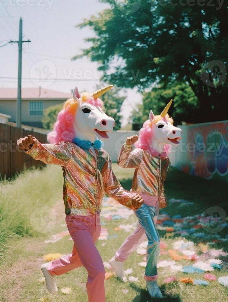 AI Generative Female wearing vibrant unicorn mask jumping against wall photo