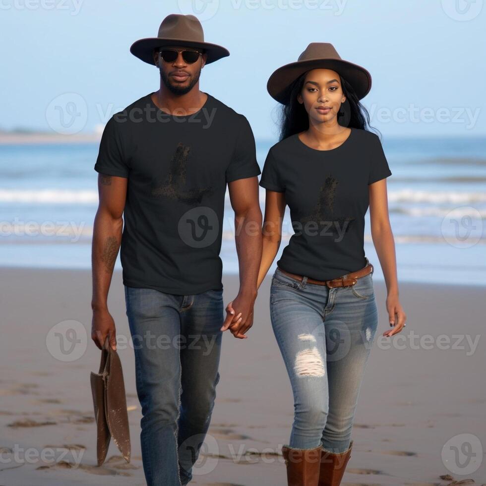 AI Generative Follow me  African woman holding boyfriend by hand at the beach on sunset  Couple of tourists having fun walking by the seaside  Travel and holidays concept photo