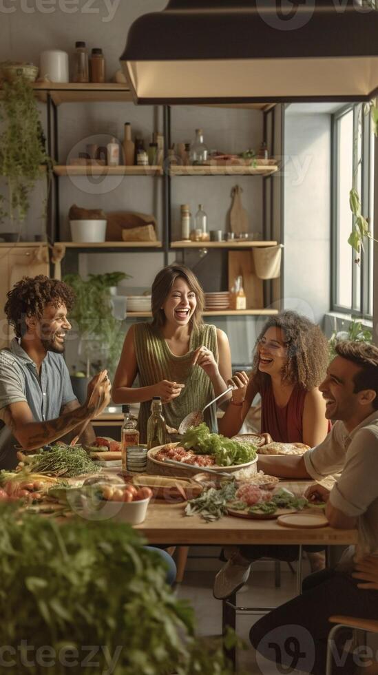 AI Generative Friends taking a selfie in the kitchen wearing green beans stalks under their noses while standing in front of table full vegetables and pasta photo