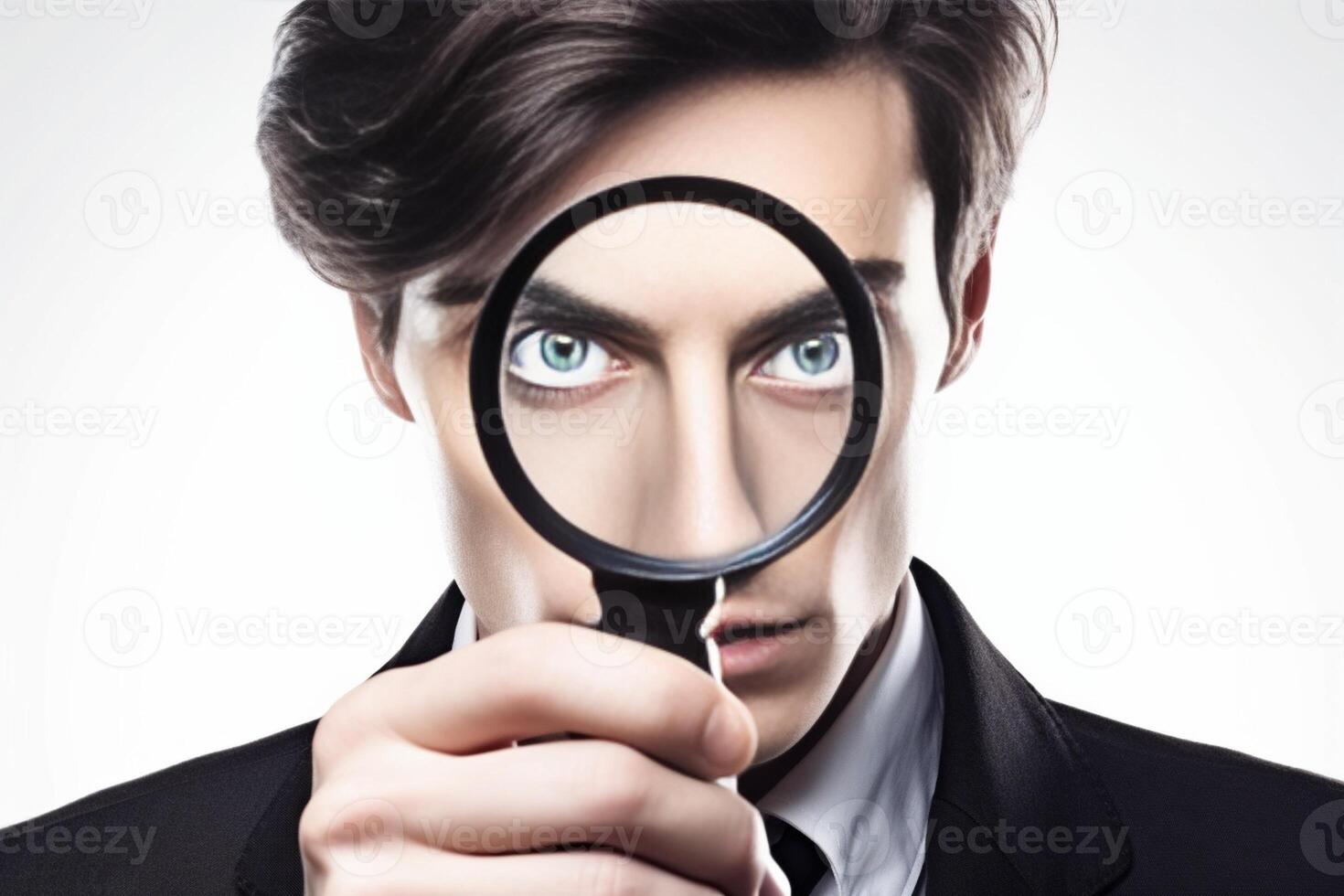 AI Generative Funny image of a handsome man playing with a magnifying glass on a grey background  caucasian people  people concept photo