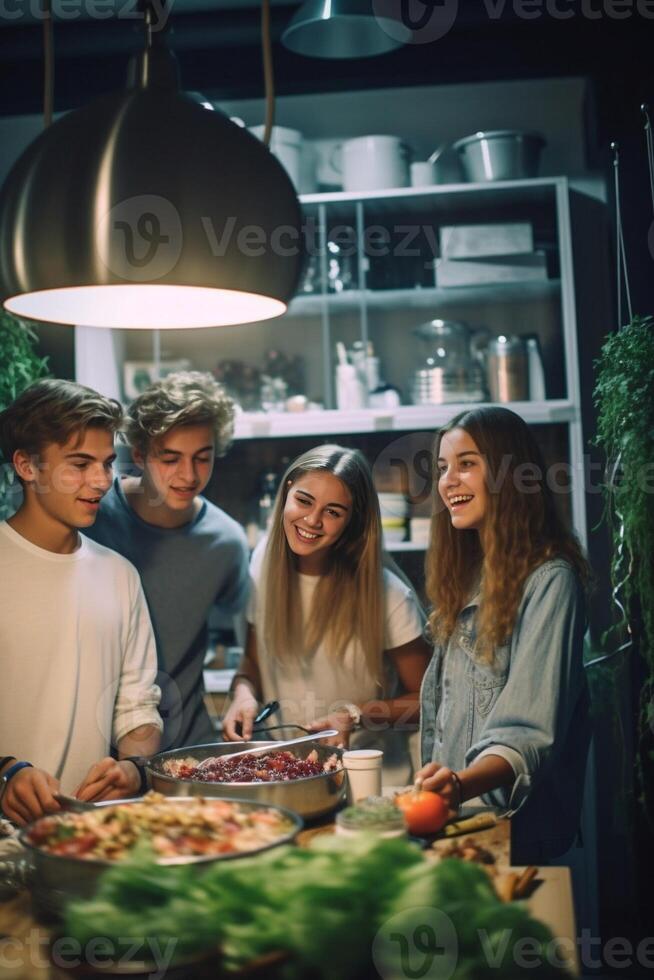 AI Generative Friends taking a selfie in the kitchen wearing green beans stalks under their noses while standing in front of table full vegetables and pasta photo