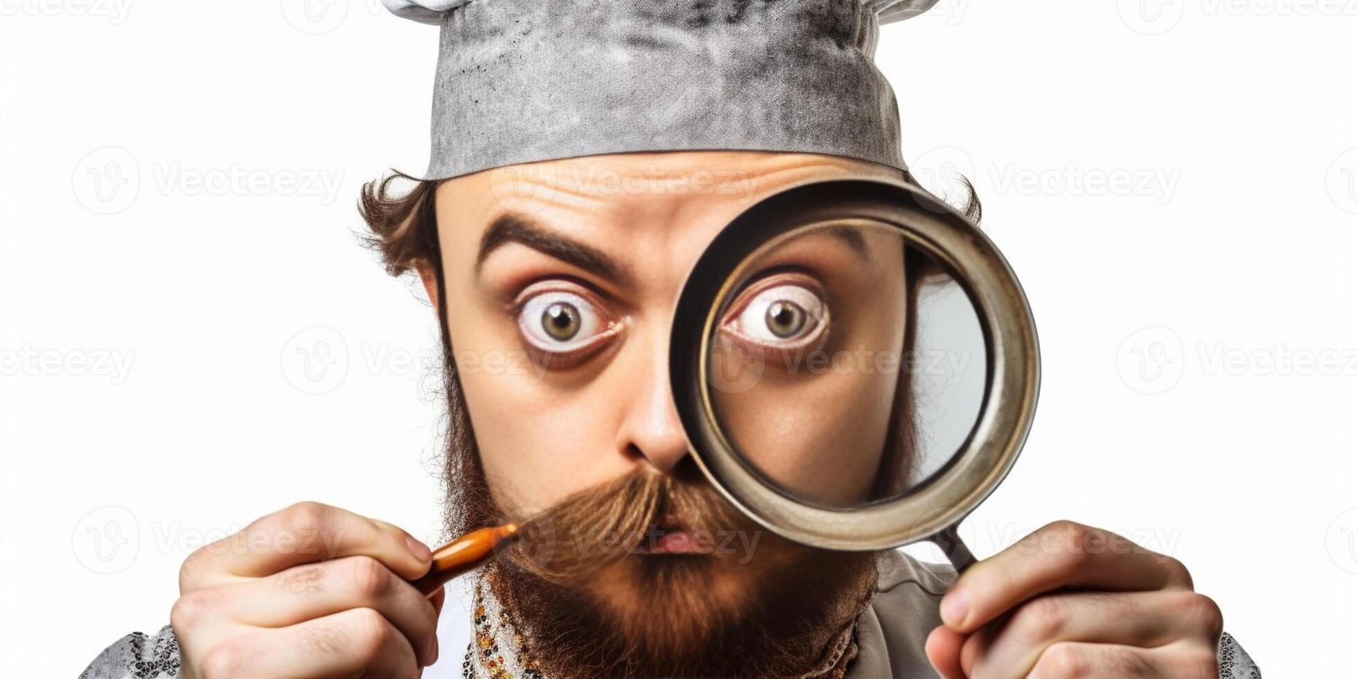 AI Generative Funny image of a handsome man playing with a magnifying glass on a grey background  caucasian people  people concept photo