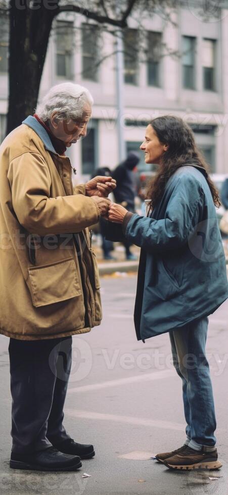 AI Generative Generous businessman helping a homeless on the street photo