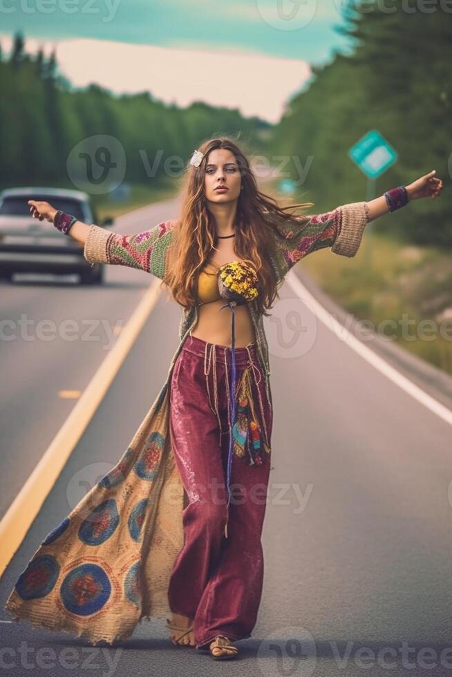 AI Generative Girl doing hitchhiking while a car is stopping to help photo
