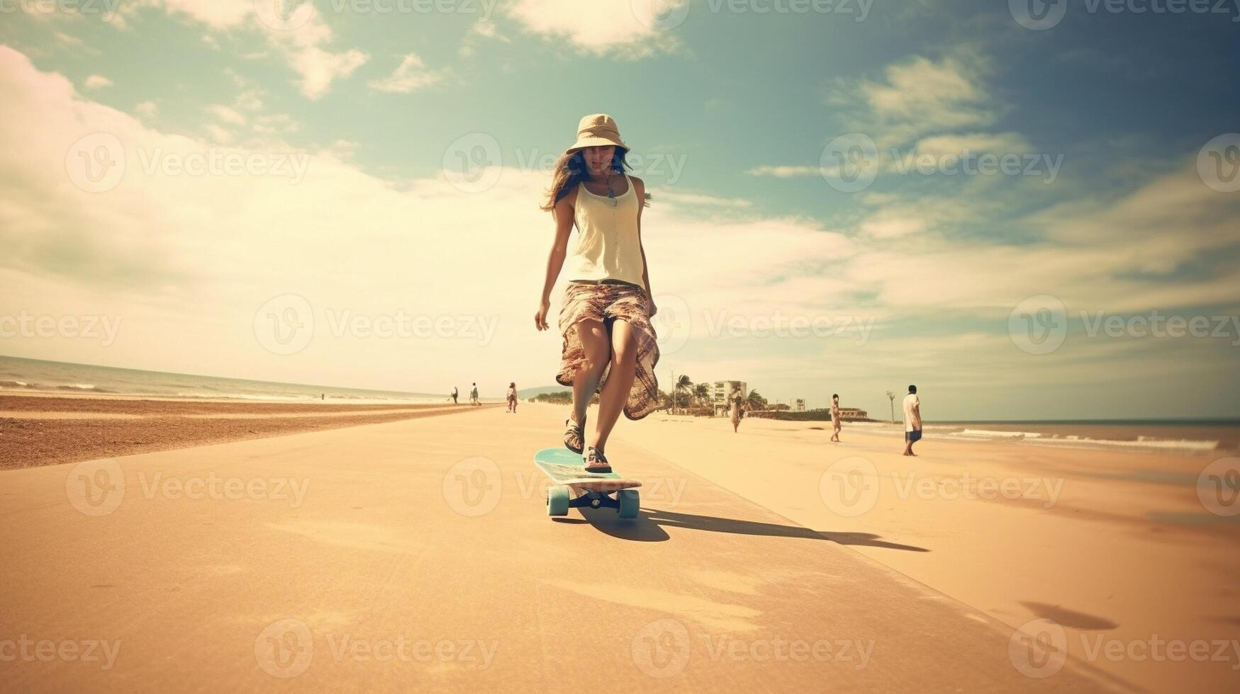 AI Generative Girl is playing with her skateboard at the beach  Concept about people sport nature and lifestyle photo