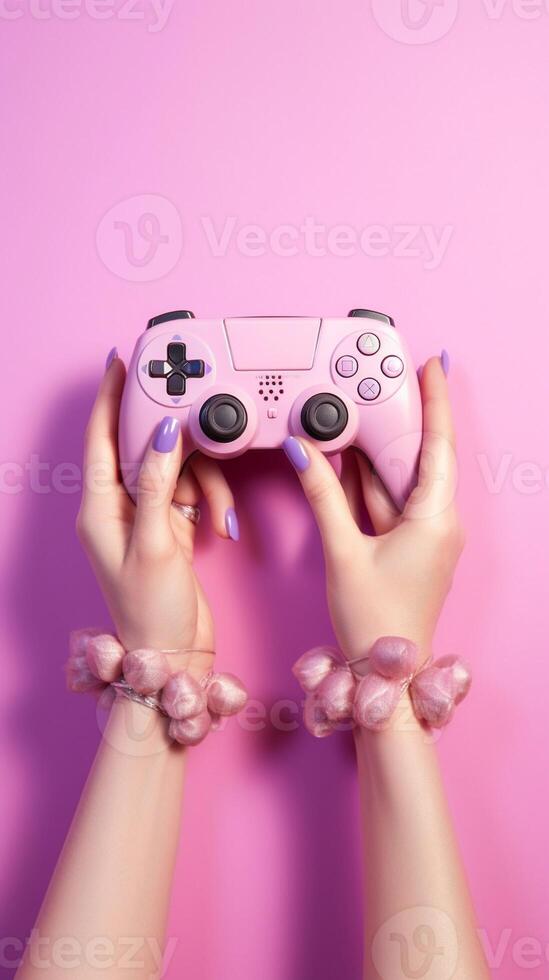 AI Generative Girl keep the joystick in hand while playing video games  lifestyle concept photo