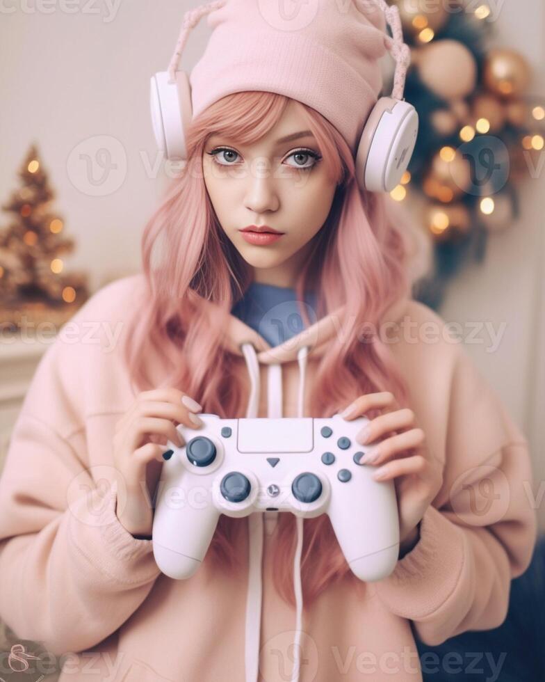 AI Generative Girl keep the joystick in hand while playing video games  lifestyle concept photo