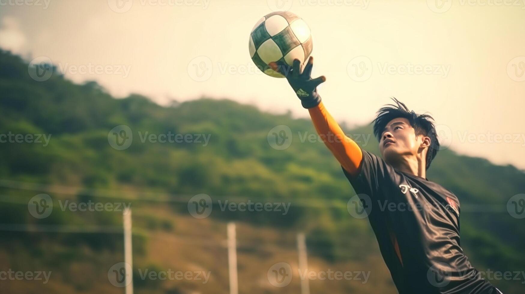 AI Generative Goalkeeper catches the ball at the stadium   lifestyle scene photo