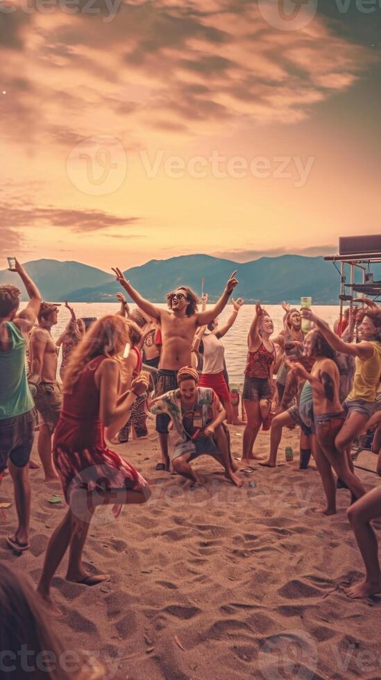 ai generativo grupo de bailando personas teniendo divertido a un playa fiesta en el verano joven personas disfrutando vida foto