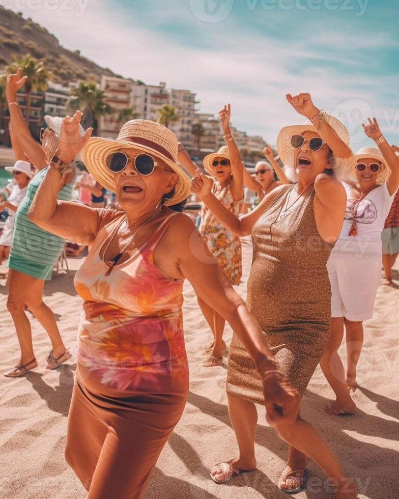 ai generativo grupo de diferente personas bailando juntos a playa fiesta multi generacional familia disfrutando fiesta fuera de verano vacaciones foto