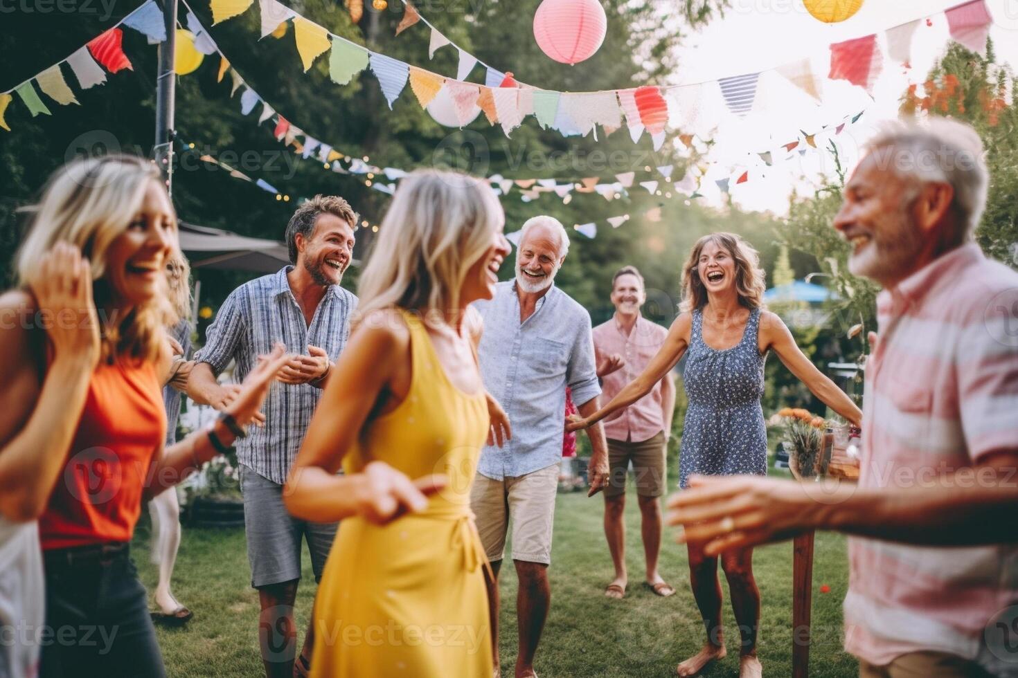 ai generativo grupo de diferente personas bailando juntos a playa fiesta multi generacional familia disfrutando fiesta fuera de verano vacaciones foto