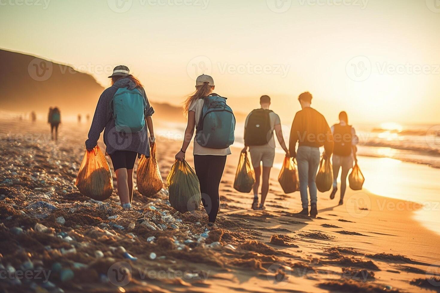 AI Generative Group of eco volunteers picking up plastic trash on the beach  Activist people collecting garbage protecting the planet  Ocean pollution environmental conservation and ecology conc photo