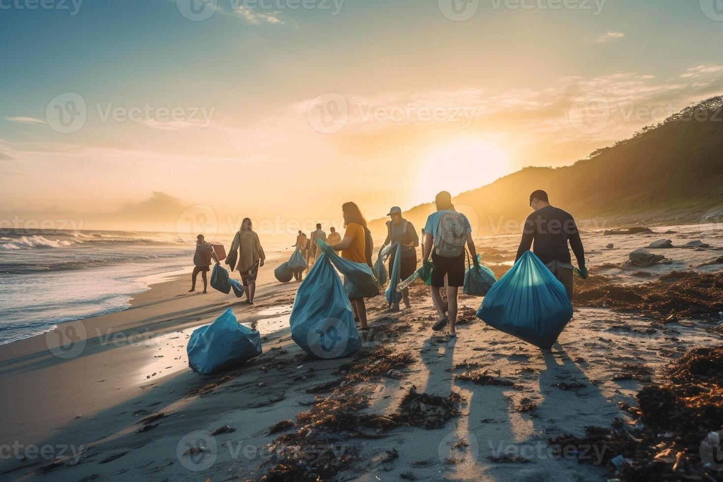 AI Generative Group of eco volunteers picking up plastic trash on the beach  Activist people collecting garbage protecting the planet  Ocean pollution environmental conservation and ecology conc photo